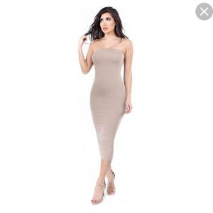 Nude colored sleeveless maxi dress